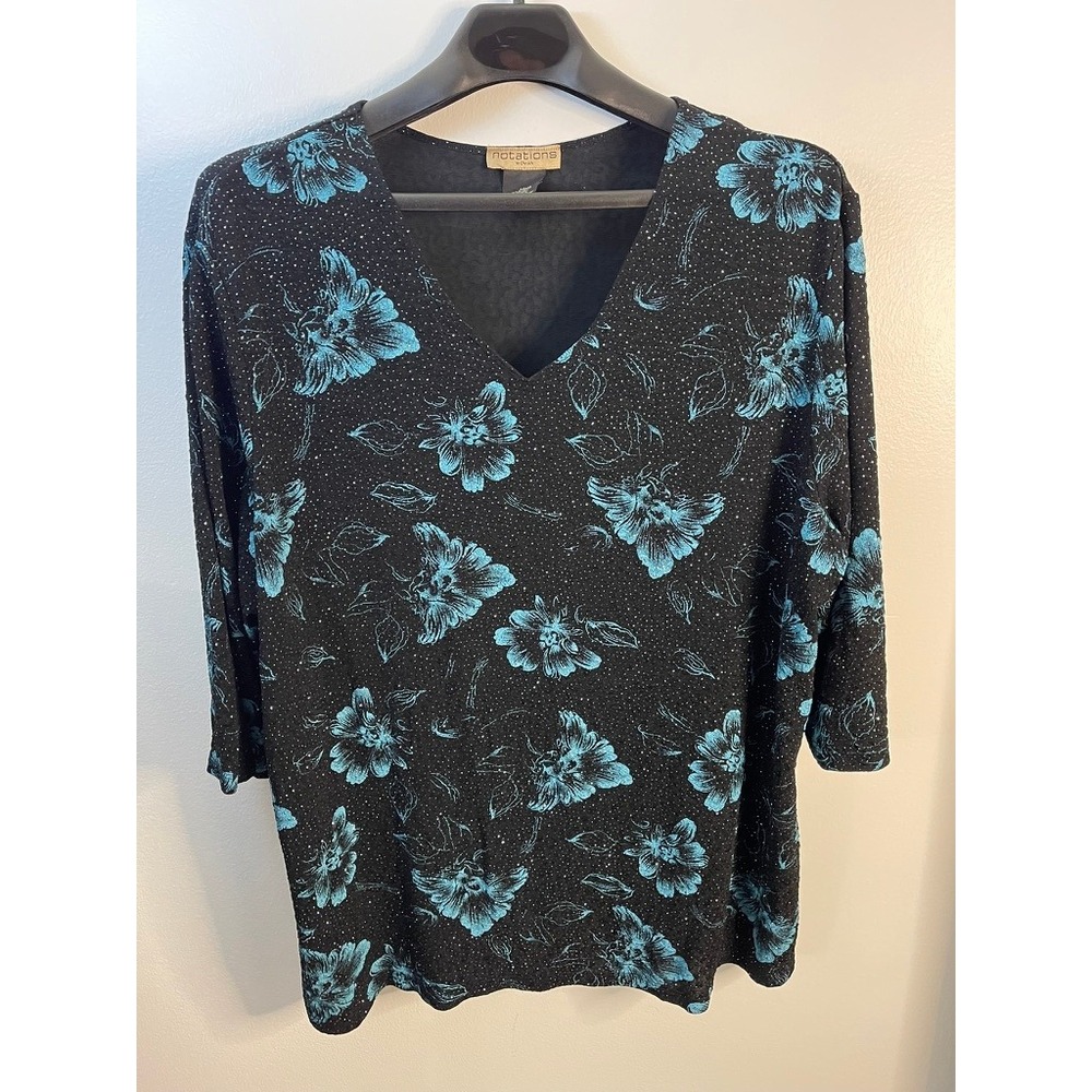 Notations Woman 3X Black Teal Floral Glitter V-Neck 3/4 Sleeve Top Made in USA